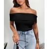 imagePRETTYGARDEN Womens 2025 Summer Off Shoulder Sweater Tops Ribbed Knit Short Sleeve Trendy Going Out Date Night BlouseBlack
