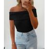 imagePRETTYGARDEN Womens 2025 Summer Off Shoulder Sweater Tops Ribbed Knit Short Sleeve Trendy Going Out Date Night BlouseBlack