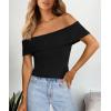 imagePRETTYGARDEN Womens 2025 Summer Off Shoulder Sweater Tops Ribbed Knit Short Sleeve Trendy Going Out Date Night BlouseBlack