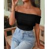 imagePRETTYGARDEN Womens 2025 Summer Off Shoulder Sweater Tops Ribbed Knit Short Sleeve Trendy Going Out Date Night BlouseBlack