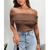 imagePRETTYGARDEN Womens 2025 Summer Off Shoulder Sweater Tops Ribbed Knit Short Sleeve Trendy Going Out Date Night BlouseCoffee