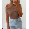 imagePRETTYGARDEN Womens 2025 Summer Off Shoulder Sweater Tops Ribbed Knit Short Sleeve Trendy Going Out Date Night BlouseCoffee