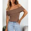 imagePRETTYGARDEN Womens 2025 Summer Off Shoulder Sweater Tops Ribbed Knit Short Sleeve Trendy Going Out Date Night BlouseCoffee