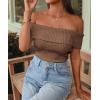 imagePRETTYGARDEN Womens 2025 Summer Off Shoulder Sweater Tops Ribbed Knit Short Sleeve Trendy Going Out Date Night BlouseCoffee