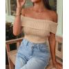 imagePRETTYGARDEN Womens 2025 Summer Off Shoulder Sweater Tops Ribbed Knit Short Sleeve Trendy Going Out Date Night BlouseKhaki