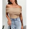 imagePRETTYGARDEN Womens 2025 Summer Off Shoulder Sweater Tops Ribbed Knit Short Sleeve Trendy Going Out Date Night BlouseKhaki