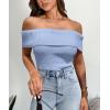 imagePRETTYGARDEN Womens 2025 Summer Off Shoulder Sweater Tops Ribbed Knit Short Sleeve Trendy Going Out Date Night BlouseLight Blue