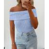 imagePRETTYGARDEN Womens 2025 Summer Off Shoulder Sweater Tops Ribbed Knit Short Sleeve Trendy Going Out Date Night BlouseLight Blue