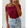imagePRETTYGARDEN Womens 2025 Summer Off Shoulder Sweater Tops Ribbed Knit Short Sleeve Trendy Going Out Date Night BlouseWine Red