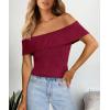 imagePRETTYGARDEN Womens 2025 Summer Off Shoulder Sweater Tops Ribbed Knit Short Sleeve Trendy Going Out Date Night BlouseWine Red