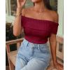 imagePRETTYGARDEN Womens 2025 Summer Off Shoulder Sweater Tops Ribbed Knit Short Sleeve Trendy Going Out Date Night BlouseWine Red
