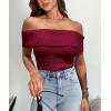imagePRETTYGARDEN Womens 2025 Summer Off Shoulder Sweater Tops Ribbed Knit Short Sleeve Trendy Going Out Date Night BlouseWine Red