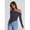 imagePRETTYGARDEN Womens Long Sleeve Y2K Crop Top Trendy Off Shoulder Asymmetrical Fitted Knit Tee Shirts Going Out TopsNavy