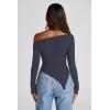 imagePRETTYGARDEN Womens Long Sleeve Y2K Crop Top Trendy Off Shoulder Asymmetrical Fitted Knit Tee Shirts Going Out TopsNavy