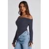 imagePRETTYGARDEN Womens Long Sleeve Y2K Crop Top Trendy Off Shoulder Asymmetrical Fitted Knit Tee Shirts Going Out TopsNavy