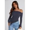 imagePRETTYGARDEN Womens Long Sleeve Y2K Crop Top Trendy Off Shoulder Asymmetrical Fitted Knit Tee Shirts Going Out TopsNavy