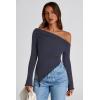imagePRETTYGARDEN Womens Long Sleeve Y2K Crop Top Trendy Off Shoulder Asymmetrical Fitted Knit Tee Shirts Going Out TopsNavy