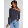 imagePRETTYGARDEN Womens Long Sleeve Y2K Crop Top Trendy Off Shoulder Asymmetrical Fitted Knit Tee Shirts Going Out TopsNavy