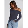 imagePRETTYGARDEN Womens Long Sleeve Y2K Crop Top Trendy Off Shoulder Asymmetrical Fitted Knit Tee Shirts Going Out TopsNavy