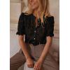 imagePRETTYGARDEN Womens Summer Lace Tops Short Puff Sleeve Casual Dressy Blouses Eyelet Crew Neck Button Down ShirtsBlack