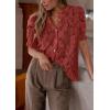 imagePRETTYGARDEN Womens Summer Lace Tops Short Puff Sleeve Casual Dressy Blouses Eyelet Crew Neck Button Down ShirtsBrown Red