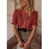 imagePRETTYGARDEN Womens Summer Lace Tops Short Puff Sleeve Casual Dressy Blouses Eyelet Crew Neck Button Down ShirtsBrown Red