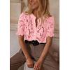 imagePRETTYGARDEN Womens Summer Lace Tops Short Puff Sleeve Casual Dressy Blouses Eyelet Crew Neck Button Down ShirtsPink