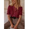 imagePRETTYGARDEN Womens Summer Lace Tops Short Puff Sleeve Casual Dressy Blouses Eyelet Crew Neck Button Down ShirtsWine Red