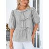 imagePRETTYGARDEN Womens Tie Front Striped Shirt 2025 Summer Trendy Fashion Cute Babydoll Tops Peplum Puffy Sleeve BlouseBlack