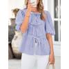 imagePRETTYGARDEN Womens Tie Front Striped Shirt 2025 Summer Trendy Fashion Cute Babydoll Tops Peplum Puffy Sleeve BlouseBlue