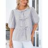 imagePRETTYGARDEN Womens Tie Front Striped Shirt 2025 Summer Trendy Fashion Cute Babydoll Tops Peplum Puffy Sleeve BlouseGrey Blue