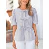 imagePRETTYGARDEN Womens Tie Front Striped Shirt 2025 Summer Trendy Fashion Cute Babydoll Tops Peplum Puffy Sleeve BlouseGrey Blue