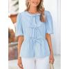 imagePRETTYGARDEN Womens Tie Front Striped Shirt 2025 Summer Trendy Fashion Cute Babydoll Tops Peplum Puffy Sleeve BlouseLight Blue