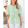 imagePRETTYGARDEN Womens Tie Front Striped Shirt 2025 Summer Trendy Fashion Cute Babydoll Tops Peplum Puffy Sleeve BlouseLight Green
