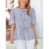 imagePRETTYGARDEN Womens Tie Front Striped Shirt 2025 Summer Trendy Fashion Cute Babydoll Tops Peplum Puffy Sleeve BlouseNavy