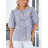 imagePRETTYGARDEN Womens Tie Front Striped Shirt 2025 Summer Trendy Fashion Cute Babydoll Tops Peplum Puffy Sleeve BlouseNavy