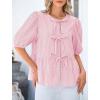 imagePRETTYGARDEN Womens Tie Front Striped Shirt 2025 Summer Trendy Fashion Cute Babydoll Tops Peplum Puffy Sleeve BlousePink
