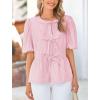 imagePRETTYGARDEN Womens Tie Front Striped Shirt 2025 Summer Trendy Fashion Cute Babydoll Tops Peplum Puffy Sleeve BlousePink