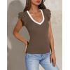 imagePRETTYGARDEN Womens V Neck Summer Tops Ruffle Sleeveless Slim Fit T Shirts Going Out Casual Blouses 2025Coffee