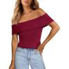 imagePRETTYGARDEN Womens 2025 Summer Off Shoulder Sweater Tops Ribbed Knit Short Sleeve Trendy Going Out Date Night BlouseWine Red