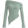 imagePRETTYGARDEN Womens Long Sleeve Y2K Crop Top Trendy Off Shoulder Asymmetrical Fitted Knit Tee Shirts Going Out TopsBean Green