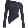 imagePRETTYGARDEN Womens Long Sleeve Y2K Crop Top Trendy Off Shoulder Asymmetrical Fitted Knit Tee Shirts Going Out TopsNavy