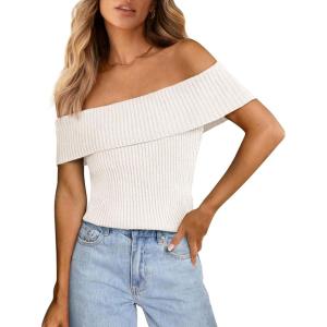 imagePRETTYGARDEN Womens 2025 Summer Off Shoulder Sweater Tops Ribbed Knit Short Sleeve Trendy Going Out Date Night BlouseBeige White
