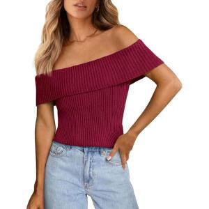 imagePRETTYGARDEN Womens 2025 Summer Off Shoulder Sweater Tops Ribbed Knit Short Sleeve Trendy Going Out Date Night BlouseWine Red