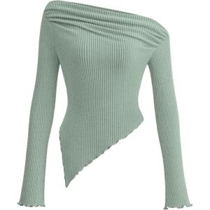 imagePRETTYGARDEN Womens Long Sleeve Y2K Crop Top Trendy Off Shoulder Asymmetrical Fitted Knit Tee Shirts Going Out TopsBean Green