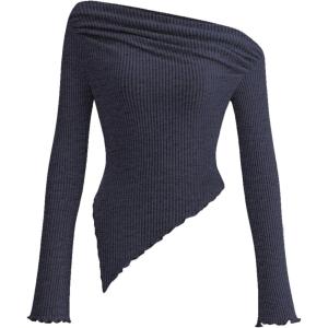 imagePRETTYGARDEN Womens Long Sleeve Y2K Crop Top Trendy Off Shoulder Asymmetrical Fitted Knit Tee Shirts Going Out TopsNavy