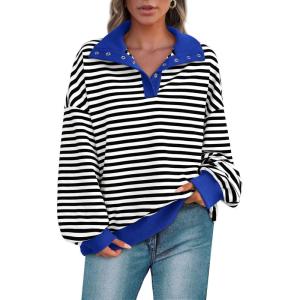 imagePRETTYGARDEN Womens Oversized Striped Sweatshirts 2024 Fall Trendy Casual Long Sleeve Button Up Tops Shirt Preppy ClothesStriped Black White
