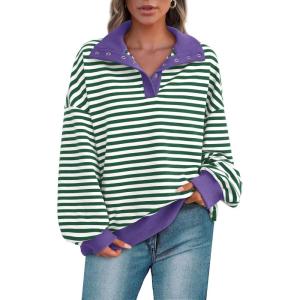 imagePRETTYGARDEN Womens Oversized Striped Sweatshirts 2024 Fall Trendy Casual Long Sleeve Button Up Tops Shirt Preppy ClothesStriped Green White