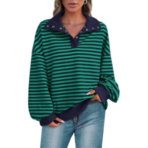 imagePRETTYGARDEN Womens Oversized Striped Sweatshirts 2024 Fall Trendy Casual Long Sleeve Button Up Tops Shirt Preppy ClothesStriped Navy Green