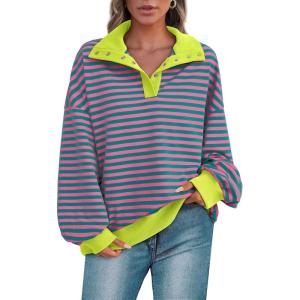 imagePRETTYGARDEN Womens Oversized Striped Sweatshirts 2024 Fall Trendy Casual Long Sleeve Button Up Tops Shirt Preppy ClothesStriped Pink Green